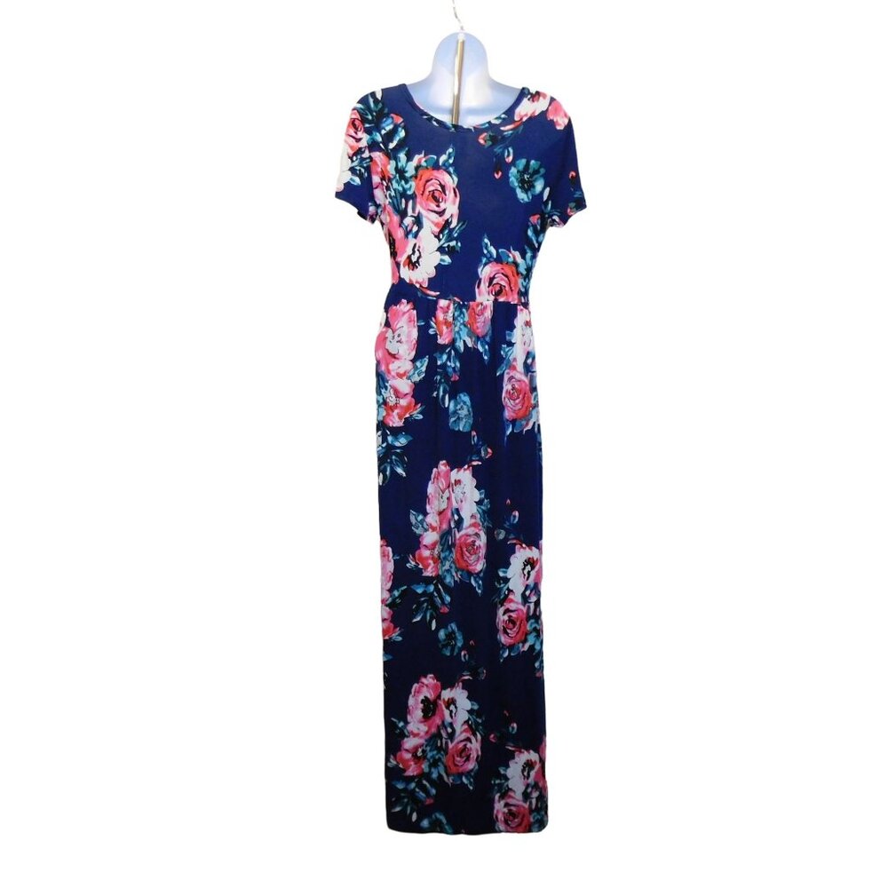 Women's VIISHOW Long Short Sleeve Dress With Pockets Navy Blue Floral Sz. M - Picture 2 of 7